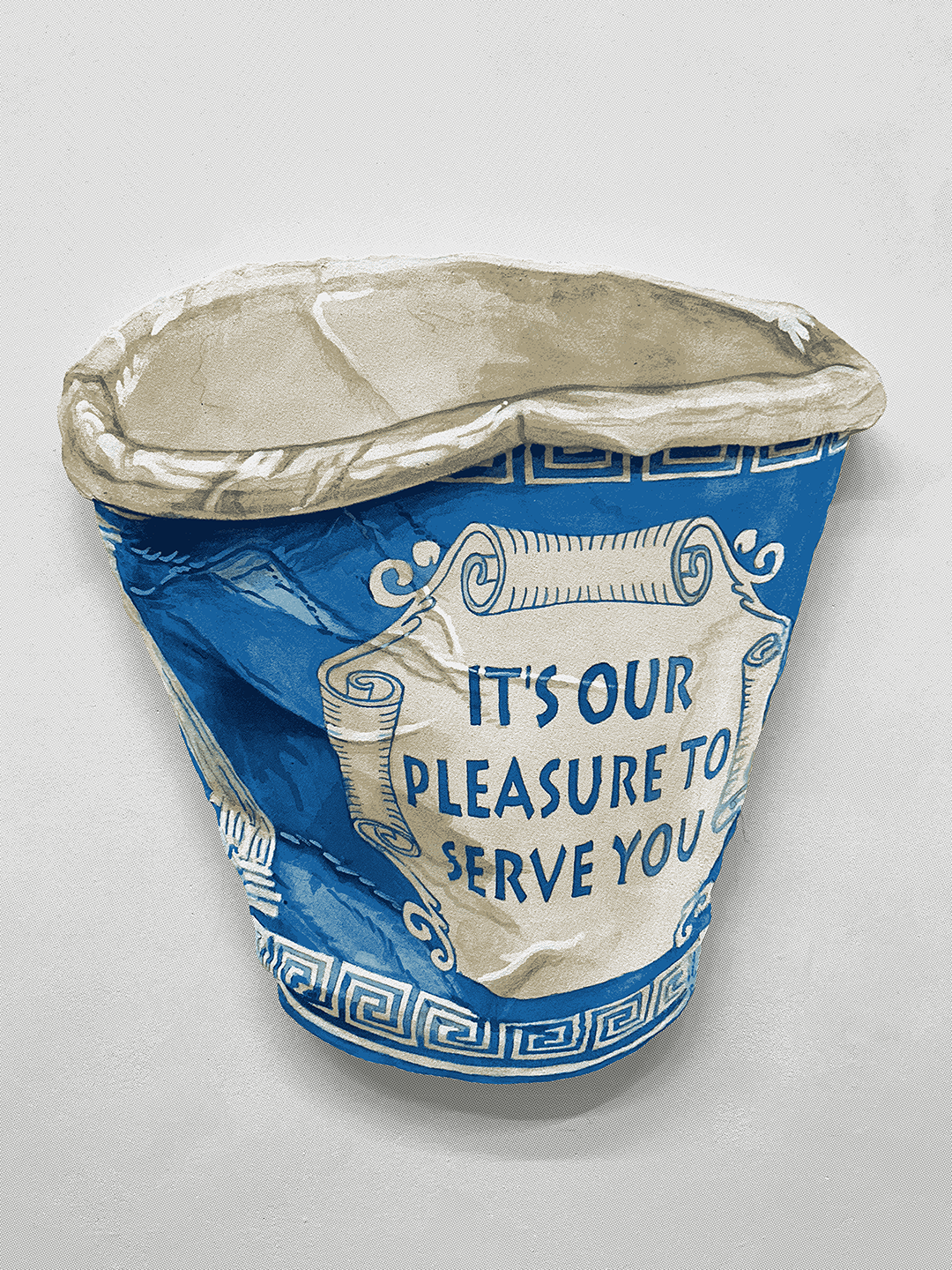 Blue and white screenprint of a crumpled Greek diner coffee cup reading "It's our pleasure to serve you" on pale gray