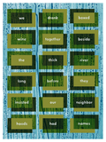 Blue and olive screenprint of word blocks in a grid over dripping blue stripes, reading "we drank boxed wine together..."