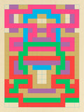 Screenprint of a symmetrical geometric grid pattern in hot pink, red, green, cyan, violet and tan on a cream ground