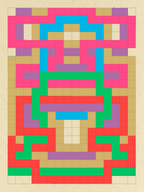 Screenprint of a symmetrical geometric grid pattern in hot pink, red, green, cyan, violet and tan on a cream ground