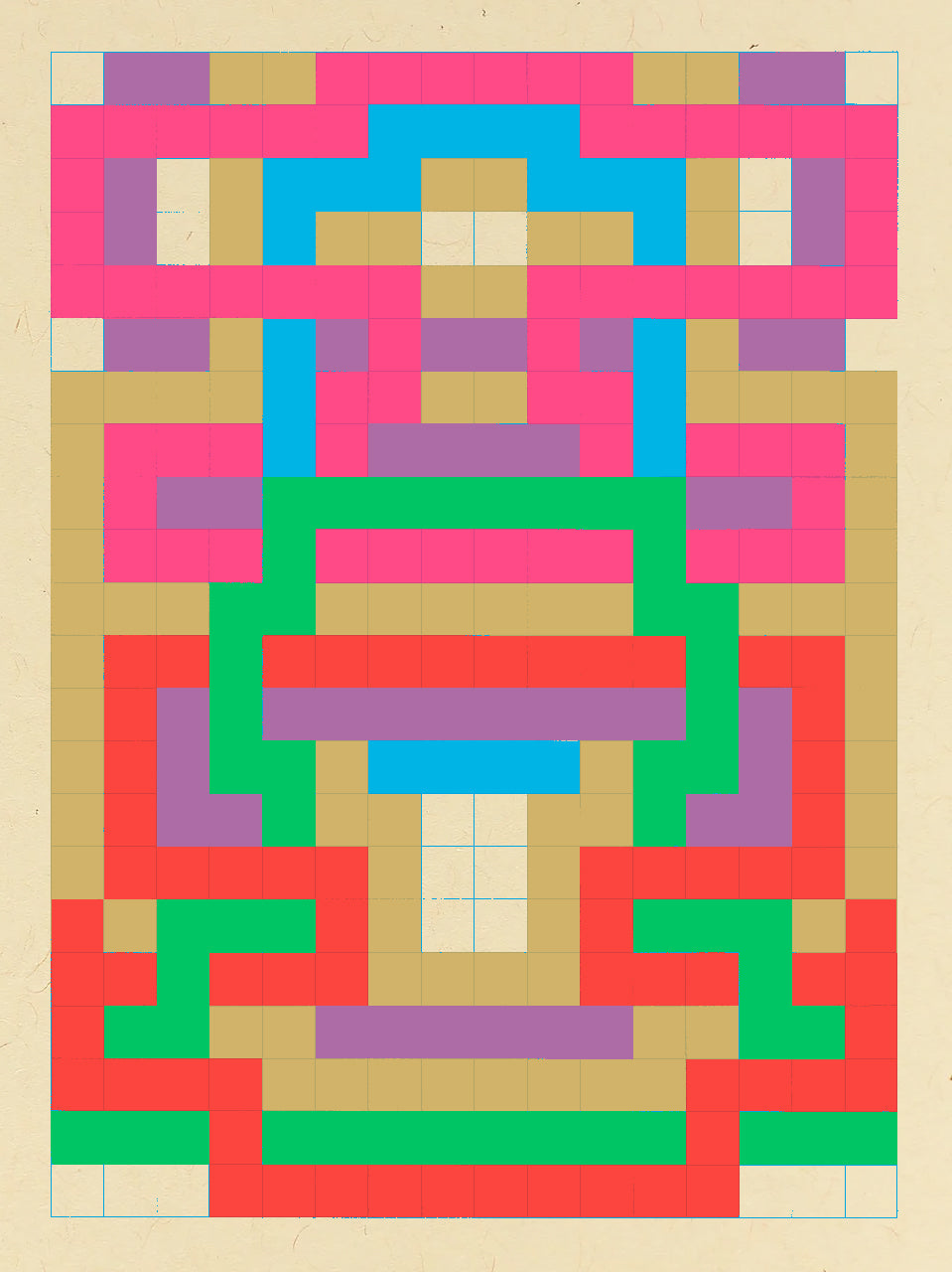 Screenprint of a symmetrical geometric grid pattern in hot pink, red, green, cyan, violet and tan on a cream ground