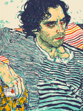Screenprint portrait in cream, teal and navy of a dark-haired man in a striped shirt, reclining and holding a snack bag