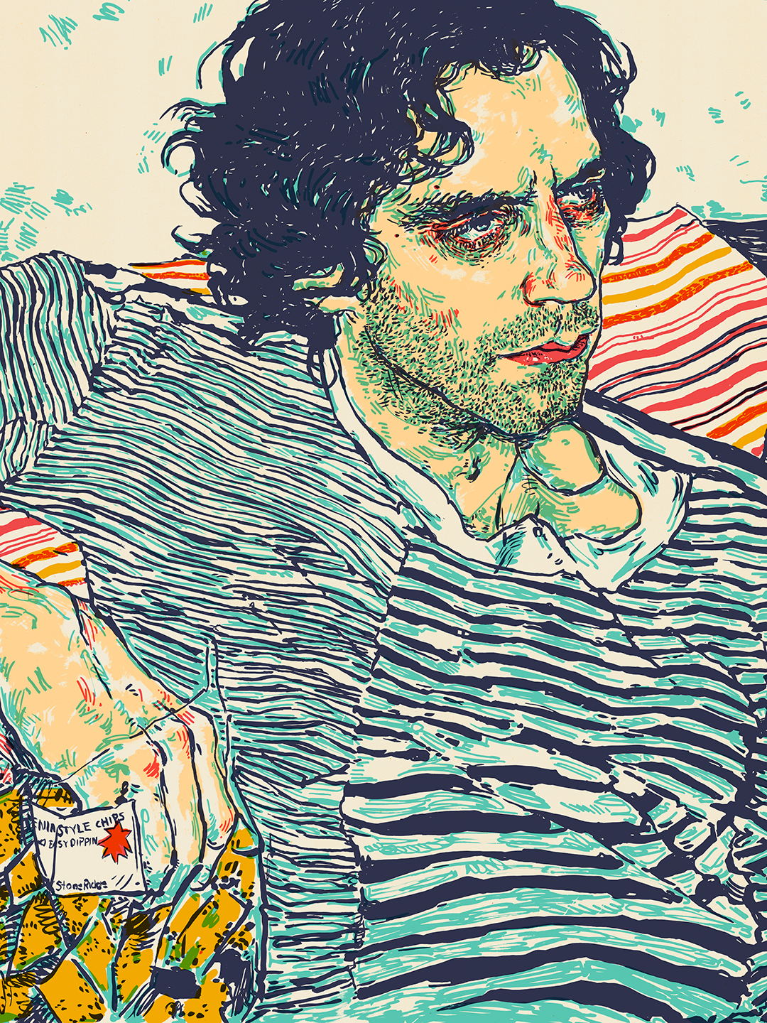 Screenprint portrait in cream, teal and navy of a dark-haired man in a striped shirt, reclining and holding a snack bag