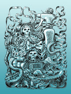 Teal screenprint of a vanitas pile: skulls, roses, a spray bottle with a snail, a snake, tentacles, and looping ribbons