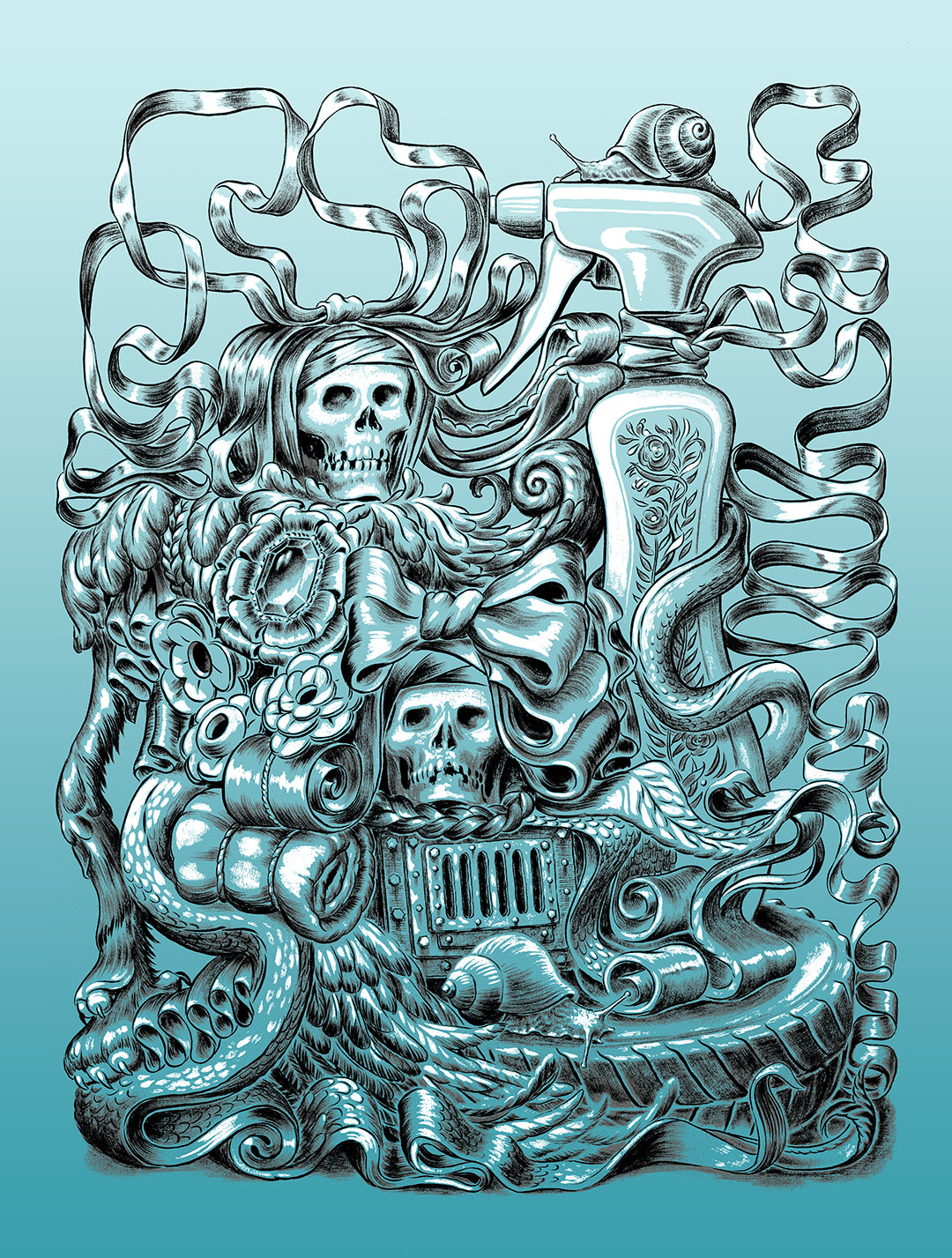 Teal screenprint of a vanitas pile: skulls, roses, a spray bottle with a snail, a snake, tentacles, and looping ribbons