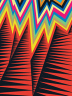 Screenprint of jagged red and black mountain peaks under a zigzag rainbow sky of yellow, pink, blue and green bands