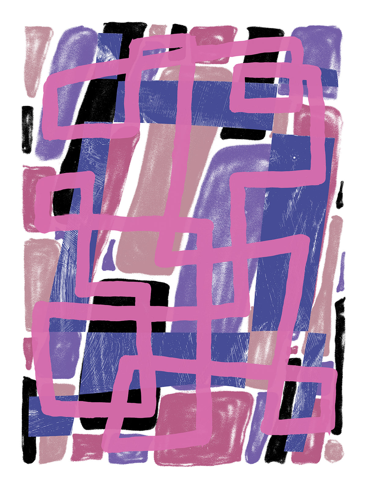 Screenprint of a looping pink line over brushy violet, mauve and black rectangles on white
