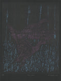 Black paper screenprint of two flying ducks and cattails drawn in fine sparkling metallic lines
