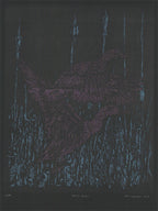 Black paper screenprint of two flying ducks and cattails drawn in fine sparkling metallic lines