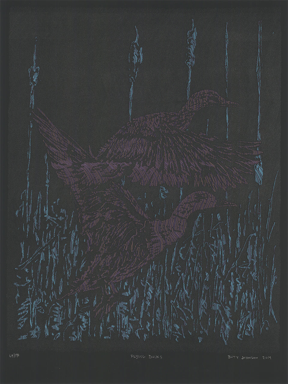 Black paper screenprint of two flying ducks and cattails drawn in fine sparkling metallic lines