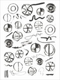 Black ink screenprint of rows of circular symbols, crossed rings and brushy squiggles on white