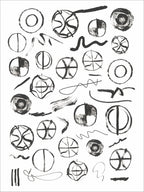 Black ink screenprint of rows of circular symbols, crossed rings and brushy squiggles on white