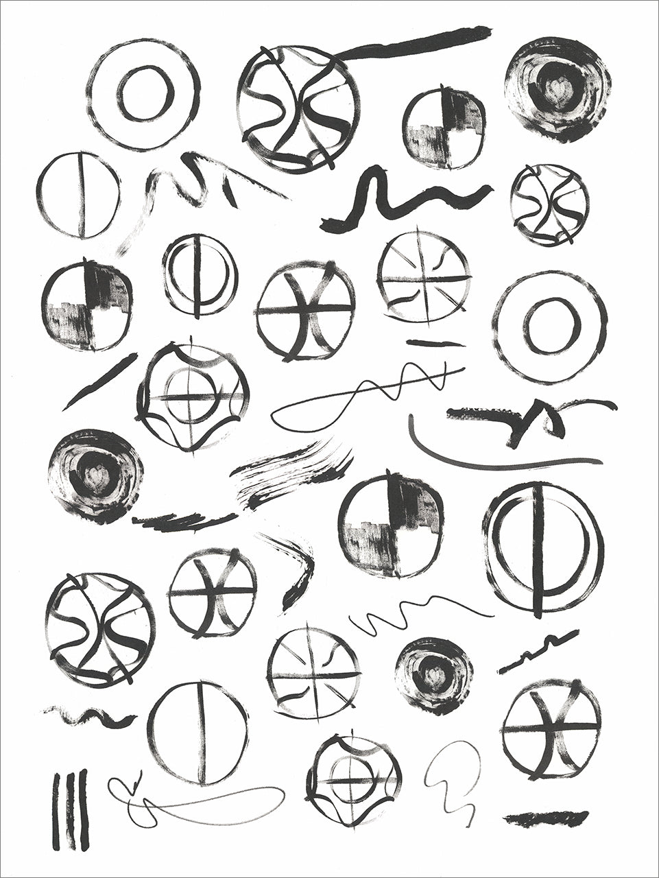 Black ink screenprint of rows of circular symbols, crossed rings and brushy squiggles on white