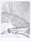 Gray graphite-style screenprint of a bare white tree on a snowy hillside with layered patterned bands and starry sky