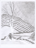 Gray graphite-style screenprint of a bare white tree on a snowy hillside with layered patterned bands and starry sky