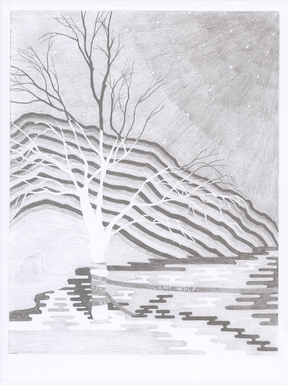Gray graphite-style screenprint of a bare white tree on a snowy hillside with layered patterned bands and starry sky
