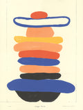 Screenprint of a stack of brushy horizontal shapes in orange, peach, yellow, blue and black, topped by a blue ring