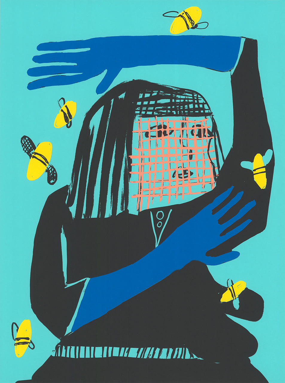 Turquoise screenprint of a black-haired beekeeper figure in a netted veil with blue arms, surrounded by yellow bees