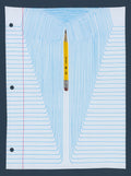 Screenprint of lined notebook paper whose blue lines bend around a yellow pencil, on navy