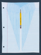 Screenprint of lined notebook paper whose blue lines bend around a yellow pencil, on navy