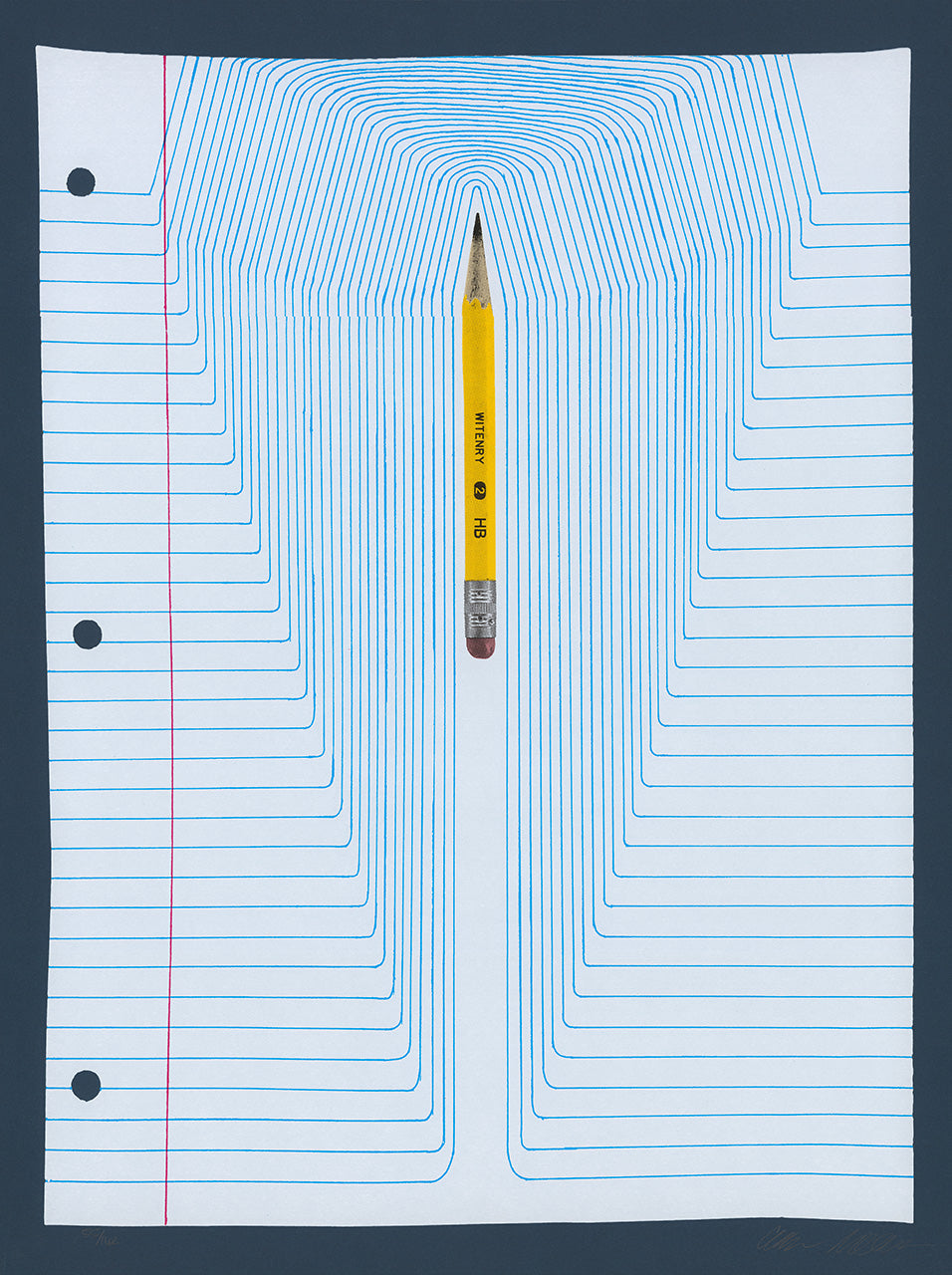 Screenprint of lined notebook paper whose blue lines bend around a yellow pencil, on navy
