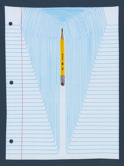 Screenprint of lined notebook paper whose blue lines bend around a yellow pencil, on navy