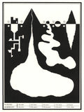 Black and white screenprint diagram of a mountain and cave-like underground spaces split into labeled layers