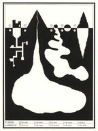 Black and white screenprint diagram of a mountain and cave-like underground spaces split into labeled layers