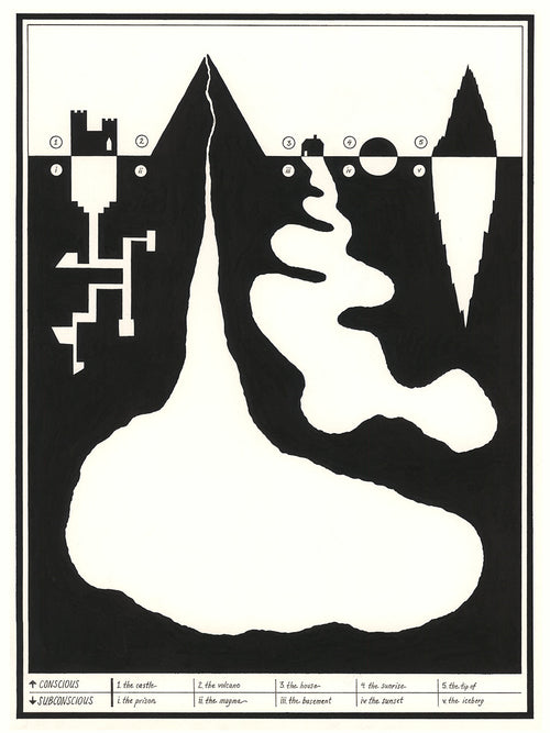 Black and white screenprint diagram of a mountain and cave-like underground spaces split into labeled layers
