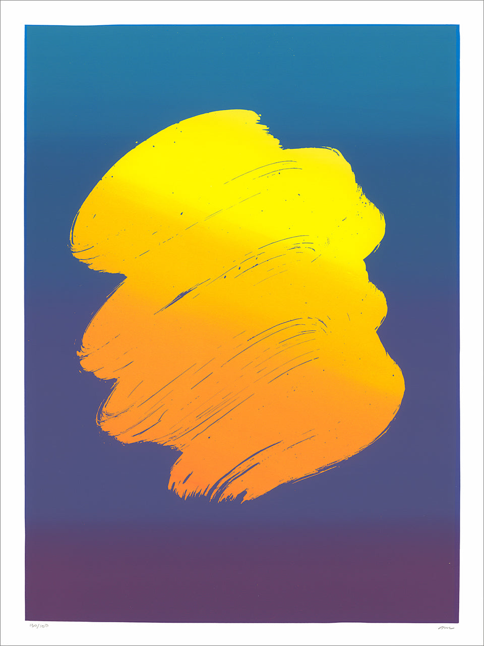 Screenprint of a single broad brushstroke fading yellow to orange on a navy-to-purple gradient