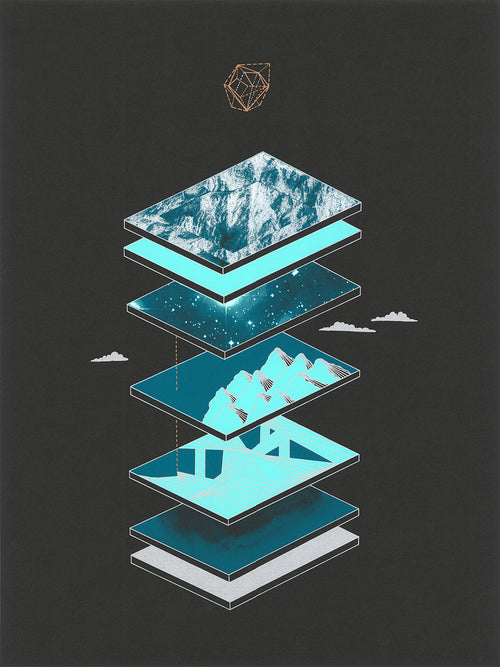Screenprint of stacked floating layers of mountain, water and sky imagery in cyan and teal on a charcoal ground