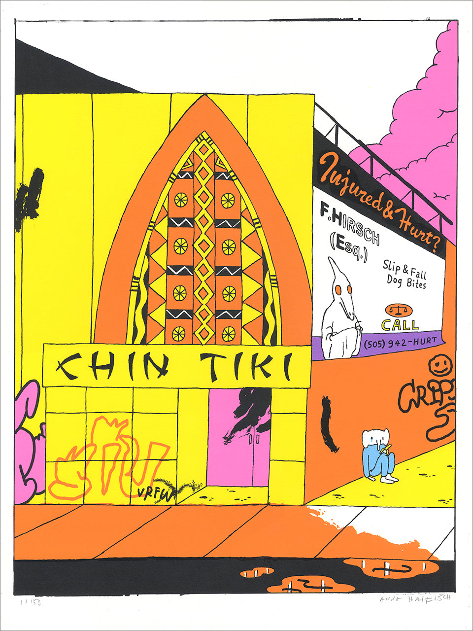 Yellow, orange and pink screenprint of a Chin Tiki storefront with an ornate arch and an injury lawyer billboard