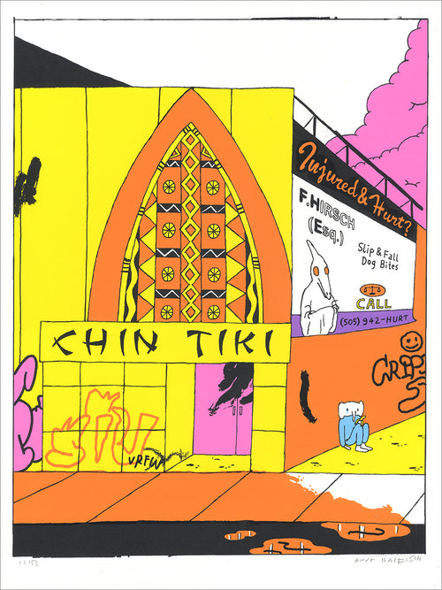 Yellow, orange and pink screenprint of a Chin Tiki storefront with an ornate arch and an injury lawyer billboard
