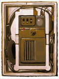 Brown and cream screenprint of a vintage walkie-talkie with headset in its foam packaging