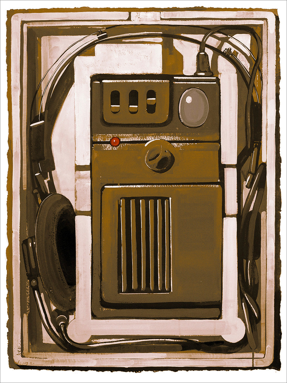 Brown and cream screenprint of a vintage walkie-talkie with headset in its foam packaging