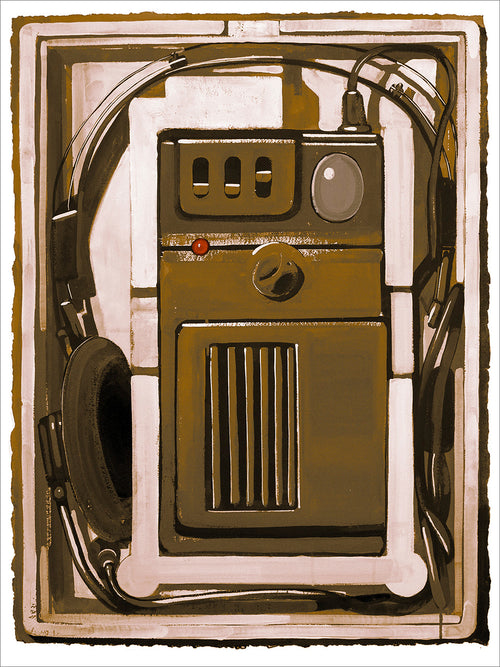 Brown and cream screenprint of a vintage walkie-talkie with headset in its foam packaging