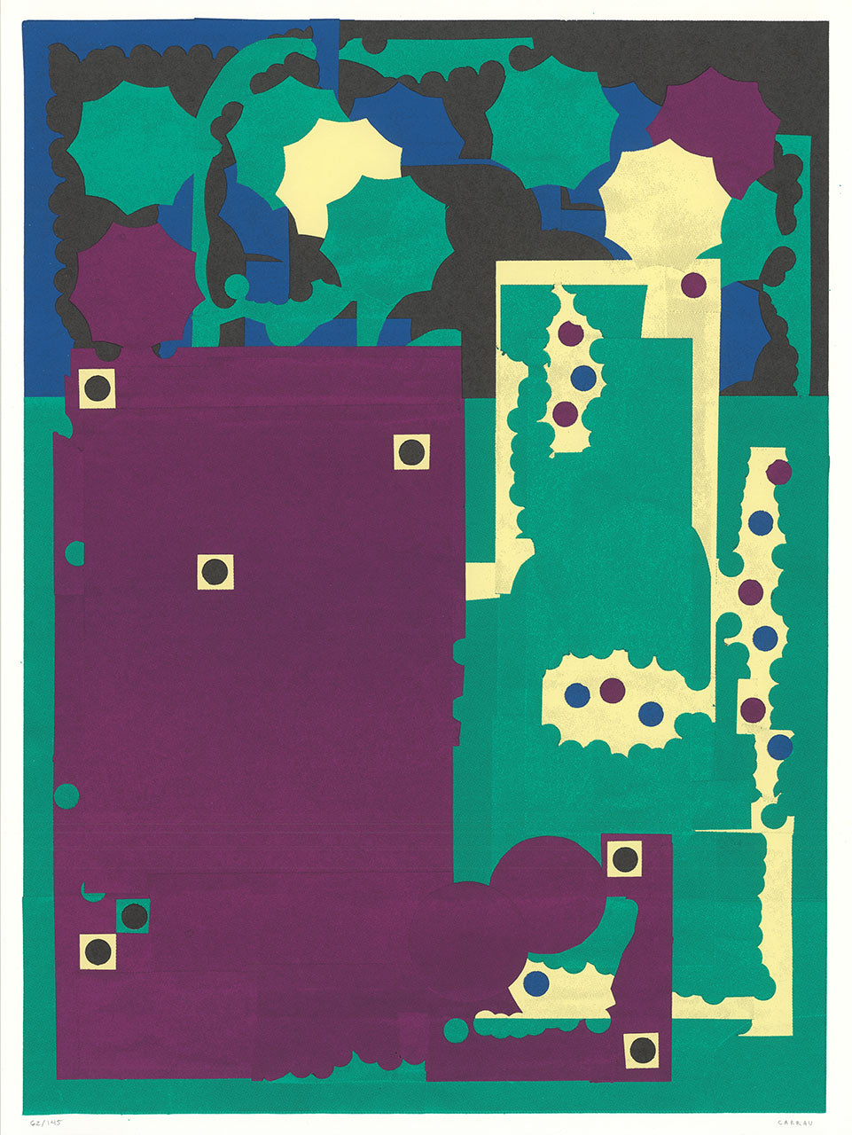 Screenprint of a collage-like abstraction of plum, teal and navy shapes with pale yellow cutouts and small dots