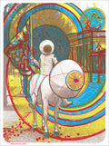 Screenprint of a rider in a white suit and helmet on a white horse before swirling red, yellow and blue circles