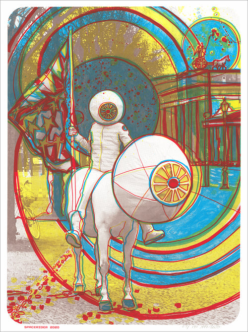 Screenprint of a rider in a white suit and helmet on a white horse before swirling red, yellow and blue circles