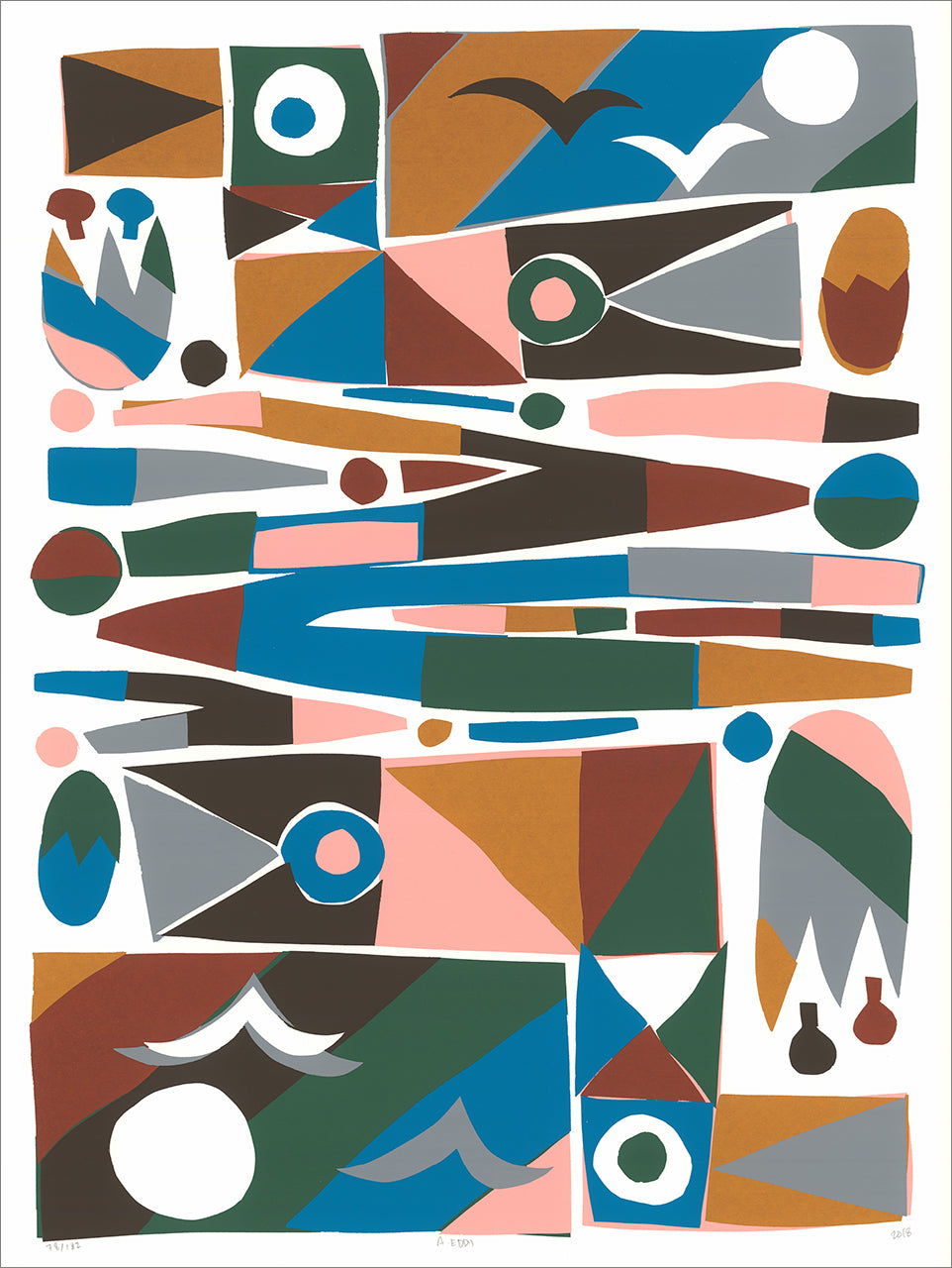 Screenprint of abstract cut-paper shapes, birds, flowers and a duck in brown, pink, blue, green, gray and mustard