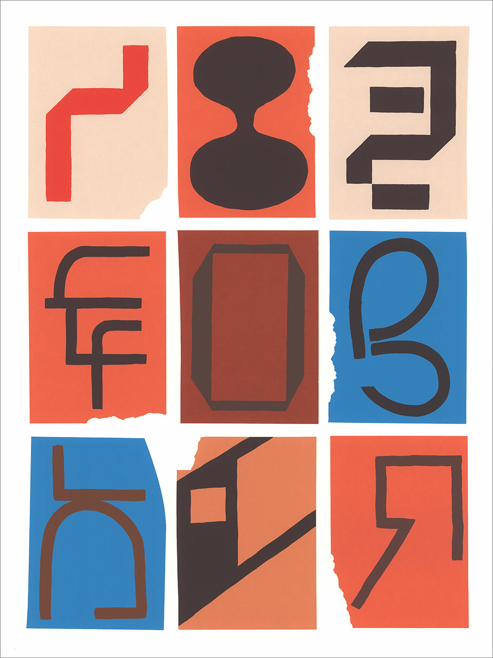 Screenprint of a 3x3 grid of torn paper tiles in orange, blue, brown and cream, each with a bold geometric form