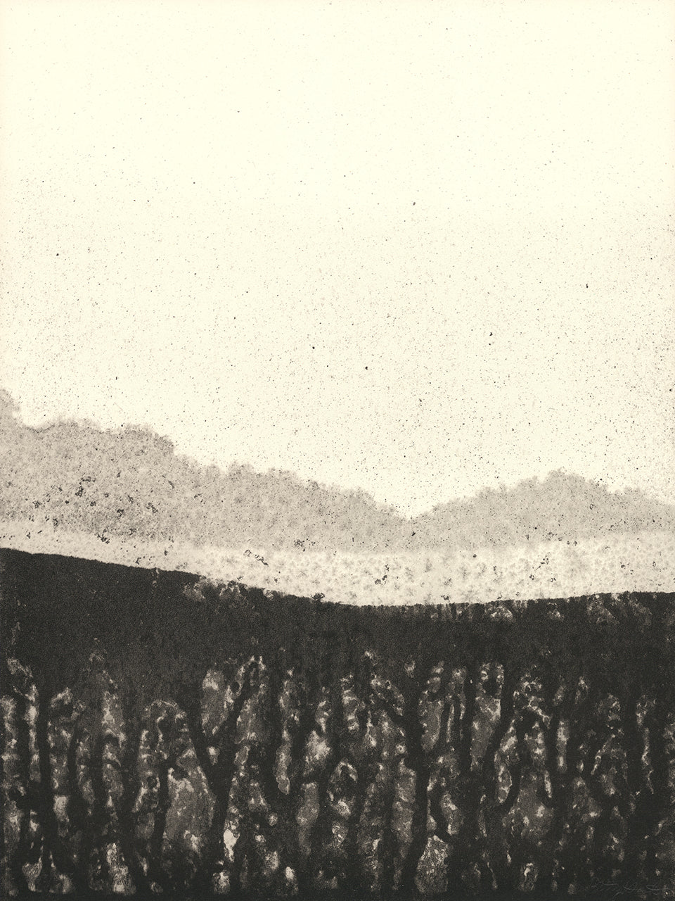Black and gray screenprint of an ink-soaked abstract landscape: a speckled pale sky over a dark textured band