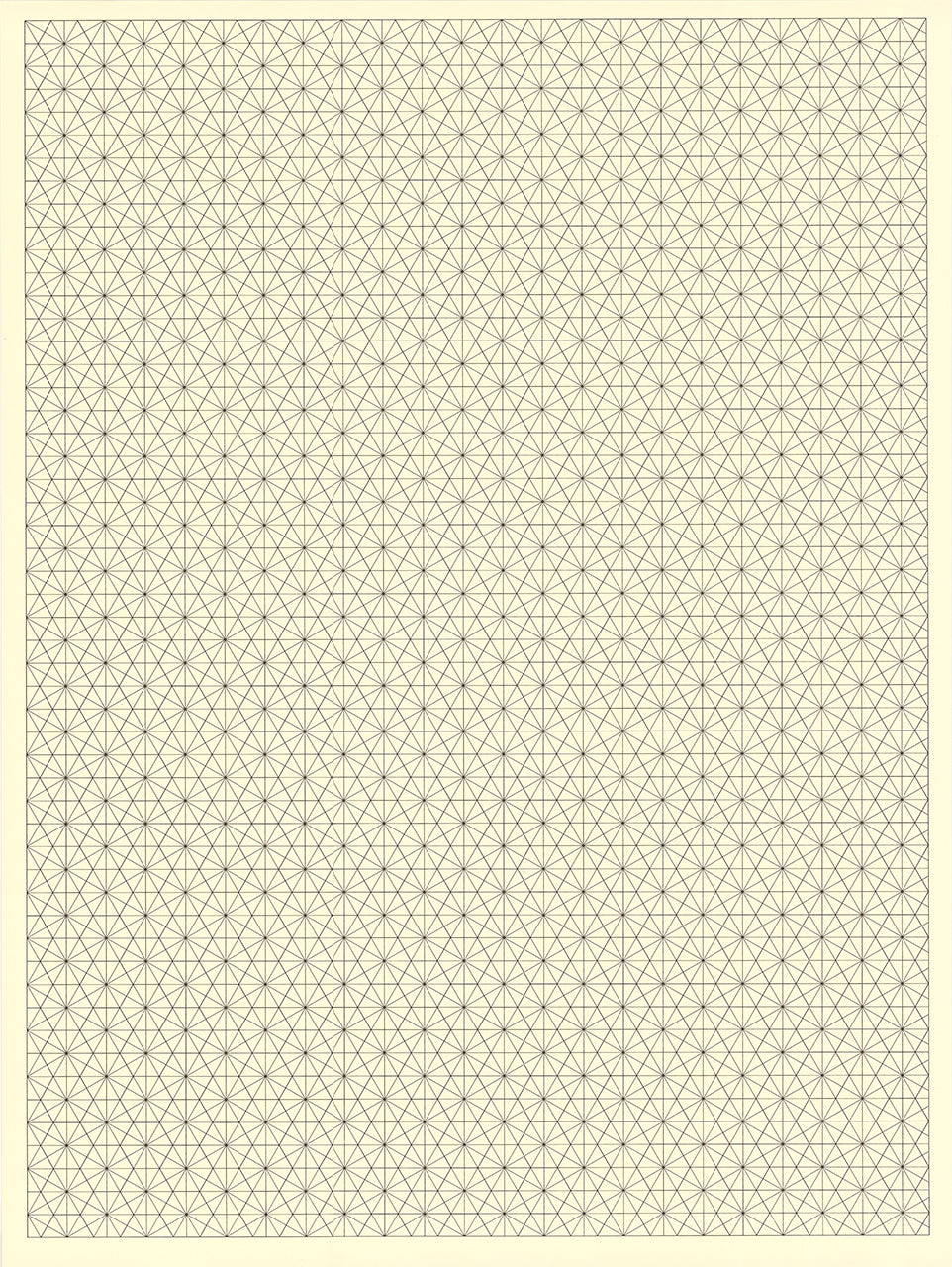 Screenprint of a black triangular grid with bisecting lines that form hexagon stars, on cream paper
