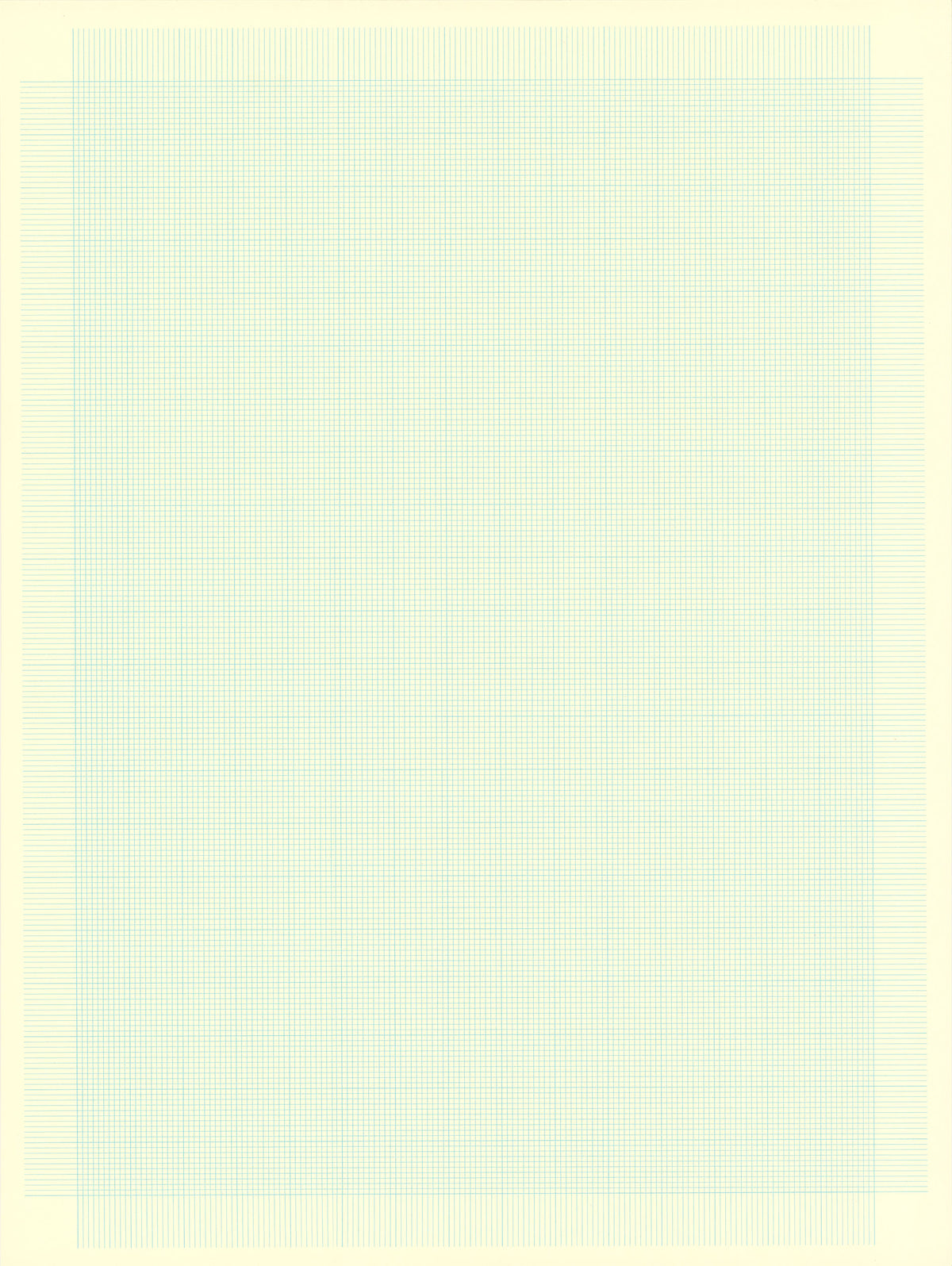 Screenprint of a fine blue-green square grid on cream paper, with offset grid lines forming a fringe along the edges