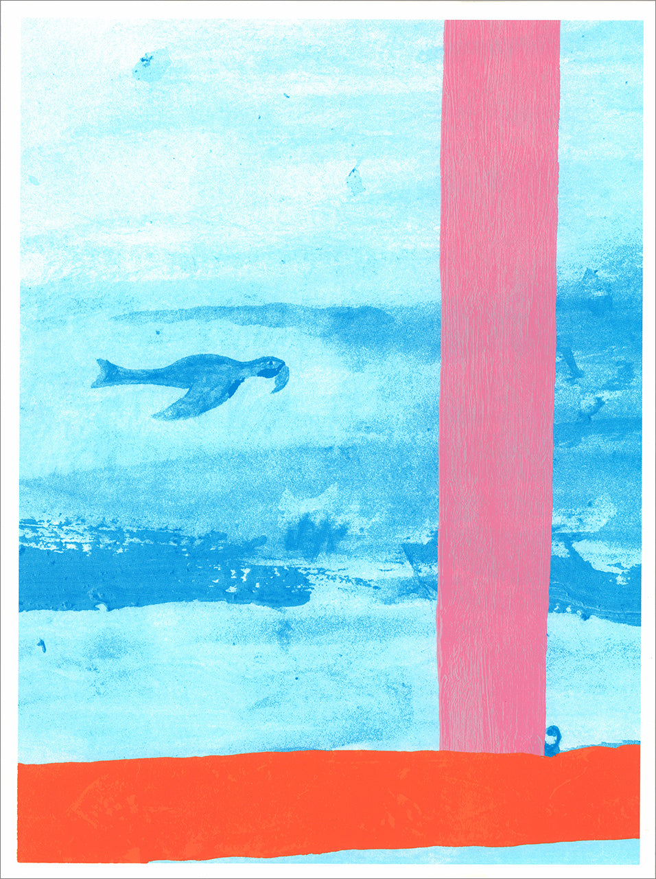 Screenprint of a small dark bird flying across watery blue and white washes, with a pink vertical bar and orange base