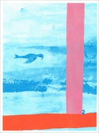 Screenprint of a small dark bird flying across watery blue and white washes, with a pink vertical bar and orange base