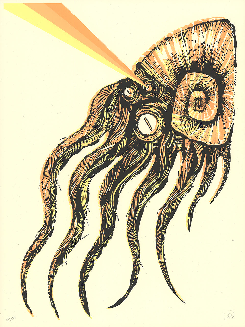Screenprint of a detailed pen-style nautilus-like creature with trailing tentacles and a rainbow beam on cream