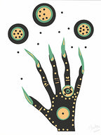 Black, green and gold screenprint of a clawed hand with green nails and dotted patterns beneath three planet-like discs