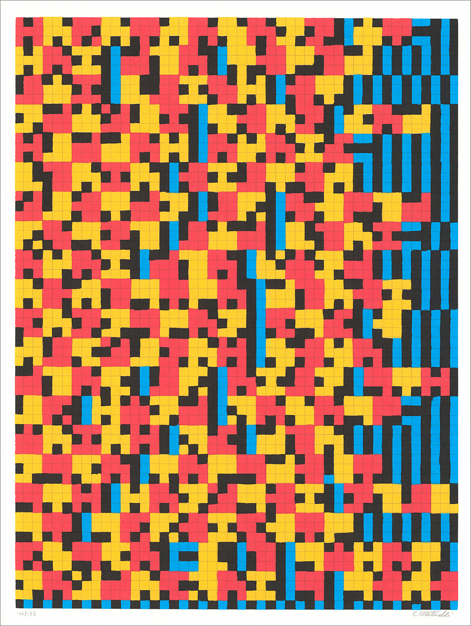 Screenprint of a dense grid of small red, yellow, black and blue squares forming semaphore-style code