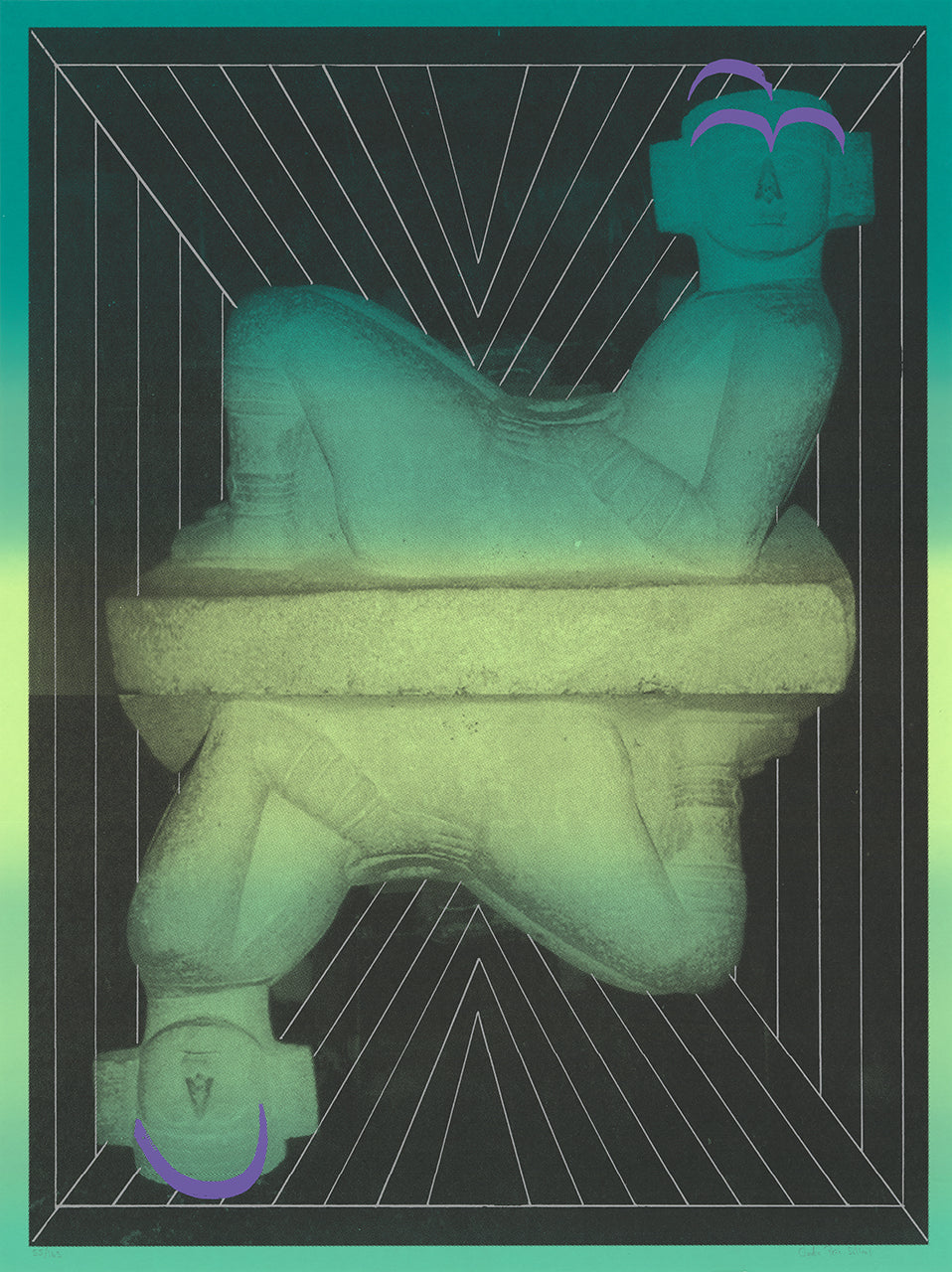 Teal, green and black screenprint of a mirrored reclining Chac Mool stone sculpture with violet accents and radiating lines